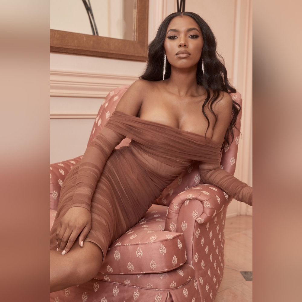 House Of CB Anasis Chestnut Tulle Off Shoulder Ruched Sexy Dress
